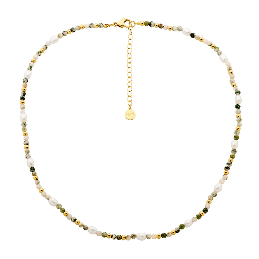 Stainless steel tree agate & freshwater pearl 40cm necklace w/gold IP plating