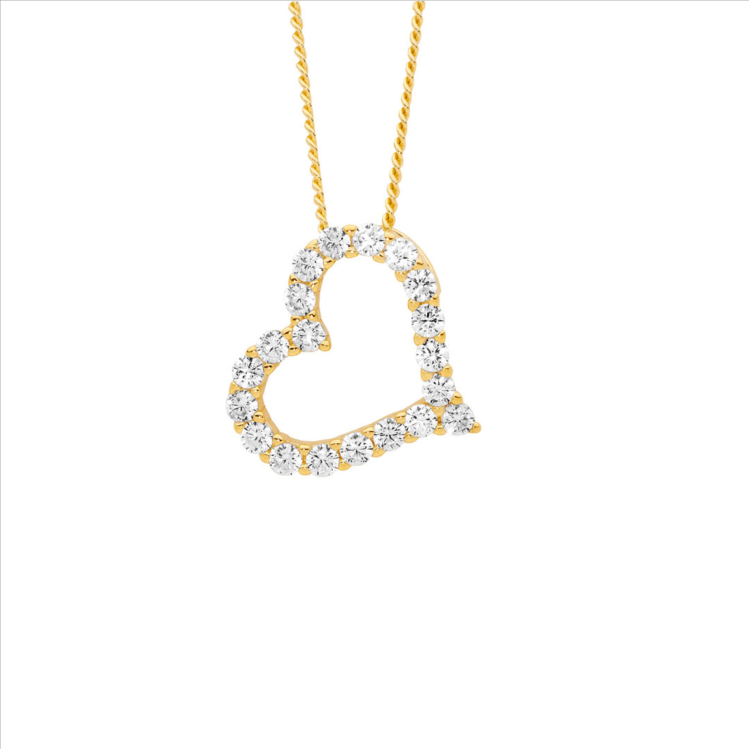 SS WH CZ 13mm Open Heart on Angle Pendant w/Gold Plating