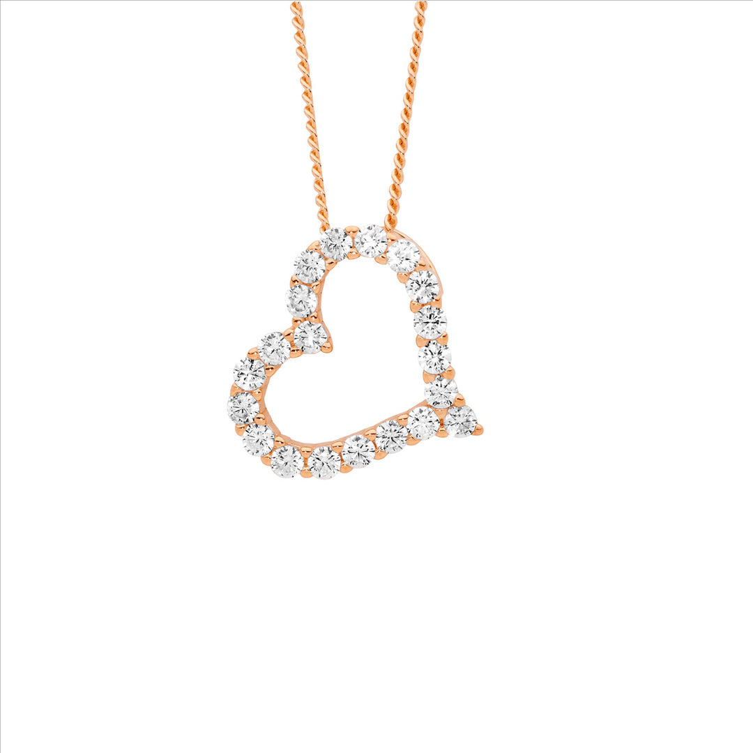 SS WH CZ 13mm Open Heart on Angle Pendant w/Rose Gold Plating