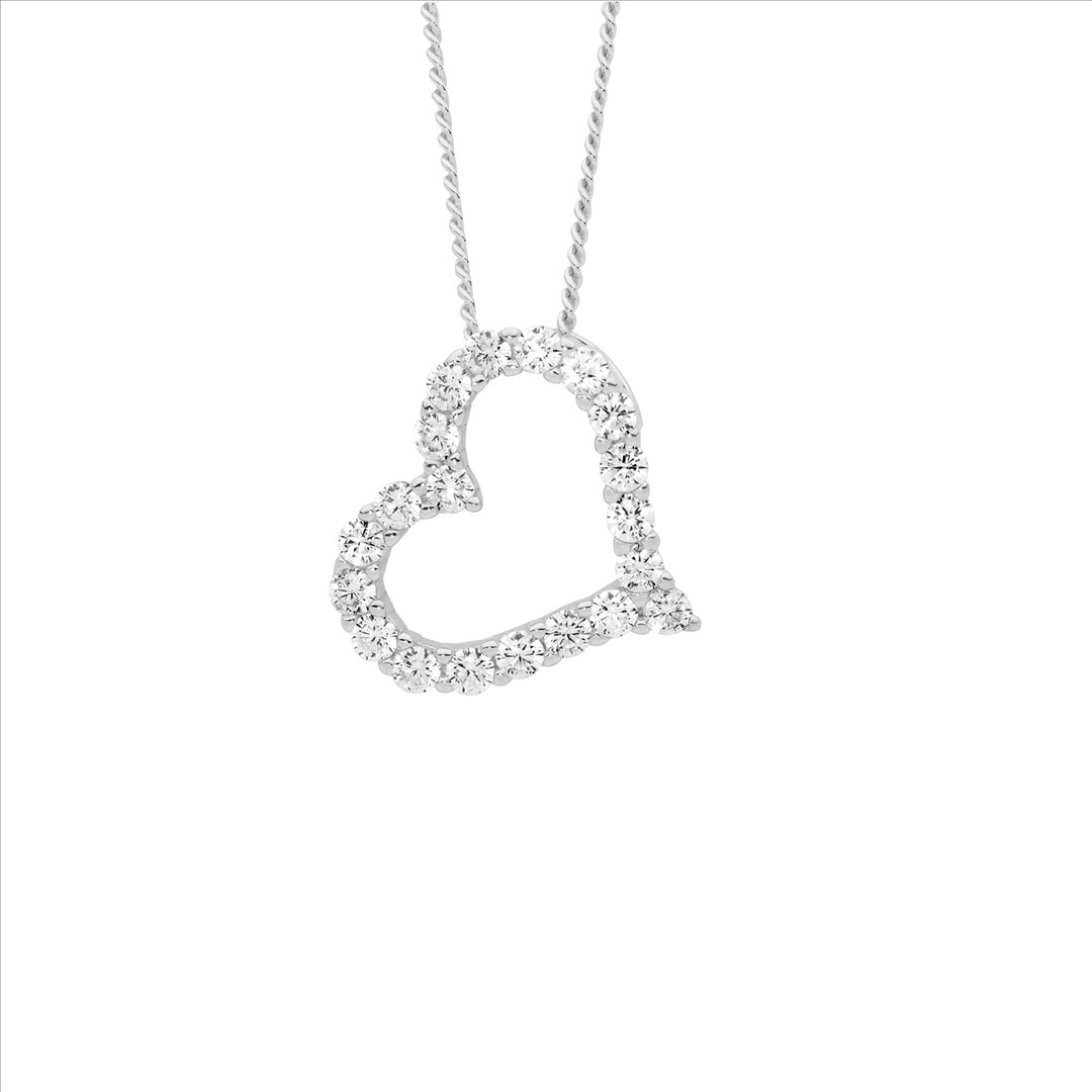 SS WH CZ 13mm Open Heart on Angle Pendant