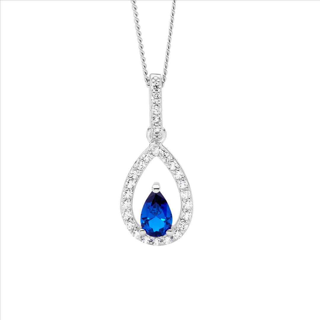 SS WH CZ Open Pear w/DK Blue Pear CZ Cntr Drop Pendant