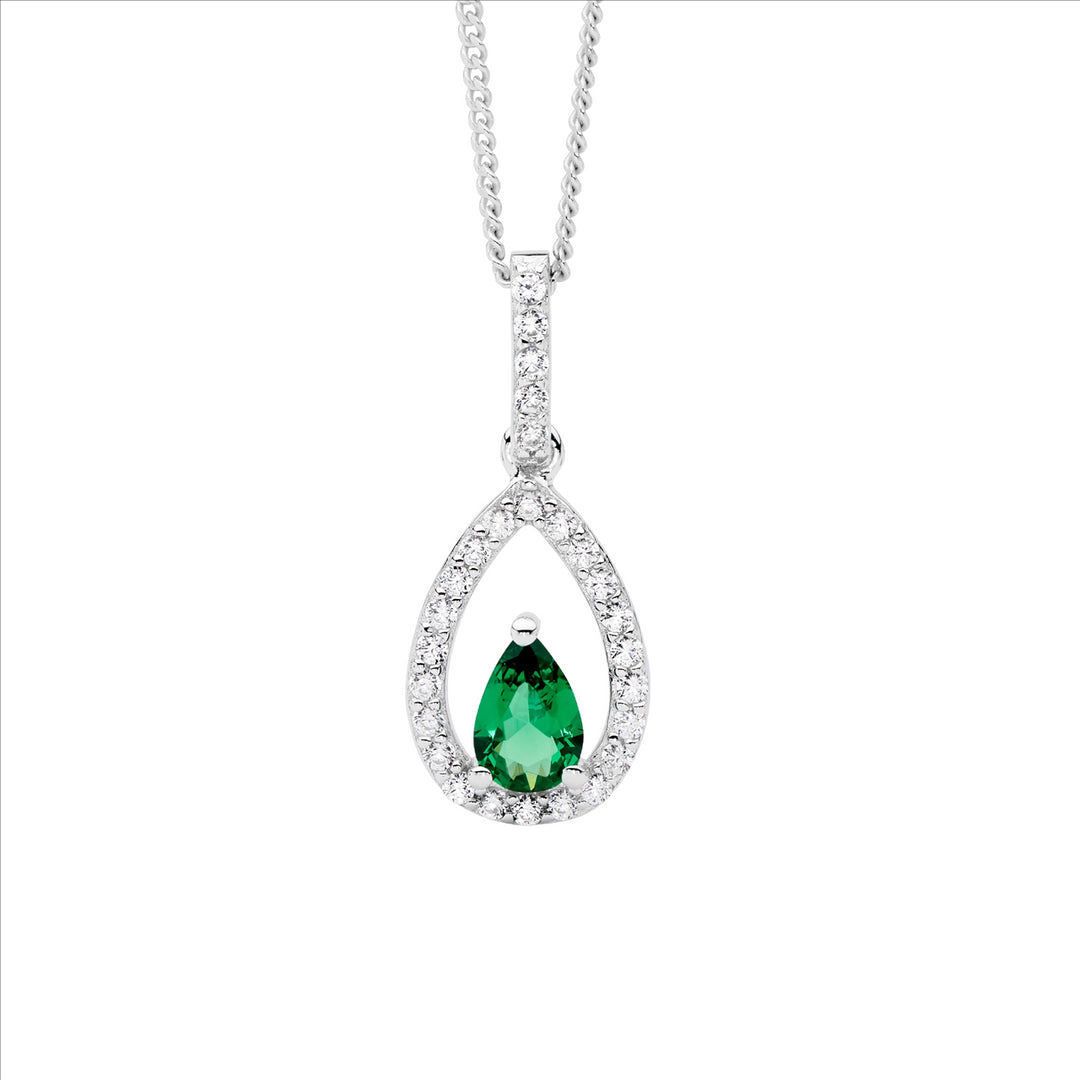 SS WH CZ Open Pear w/Green Pear CZ Cntr Drop Pendant
