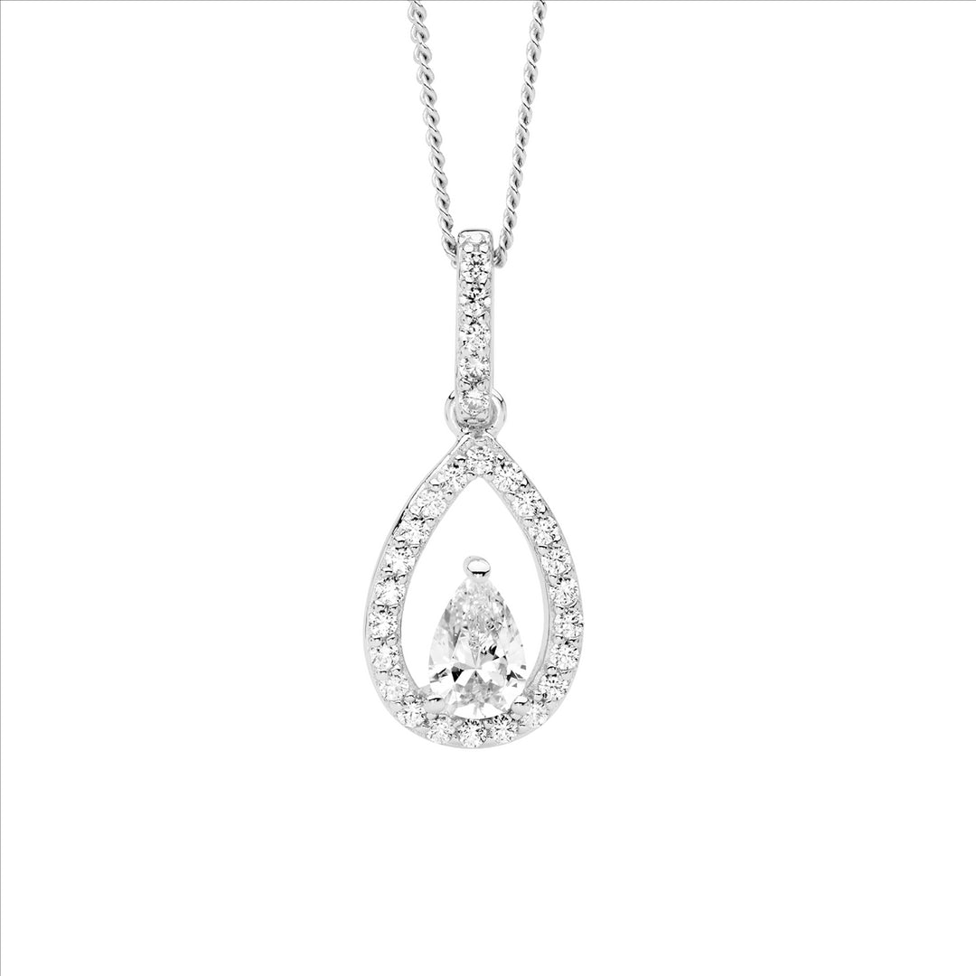 SS WH CZ Open Pear w/WH Pear CZ Cntr Drop Pendant