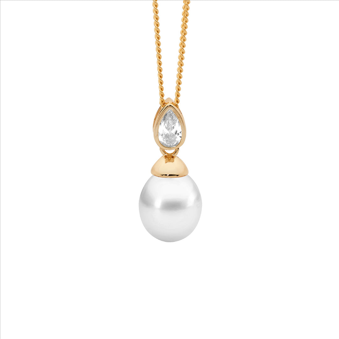 SS Bezel WH CZ Pear, Freshwater Pearl Pendant w/Gold Plating