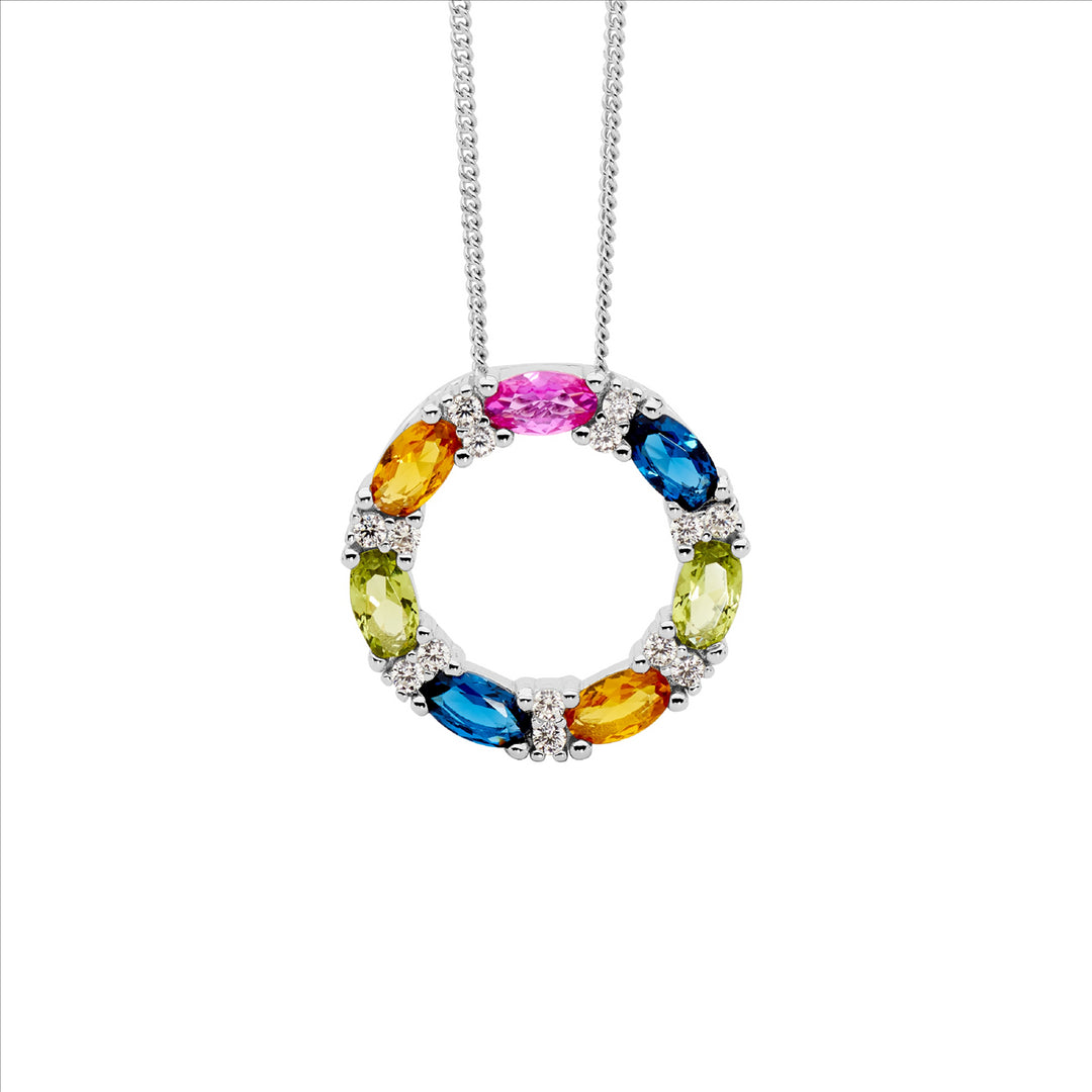 SS Multi Colour Oval & WH Rnd CZ 18mm Circle Pendant