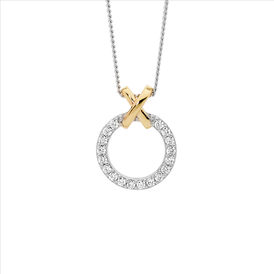 SS WH CZ 13mm Circle w/Gold Plated x" Pendant
