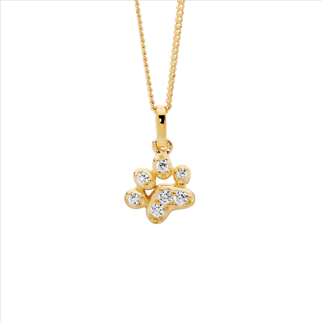 SS WH CZ Paw Pendant w/Gold Plating