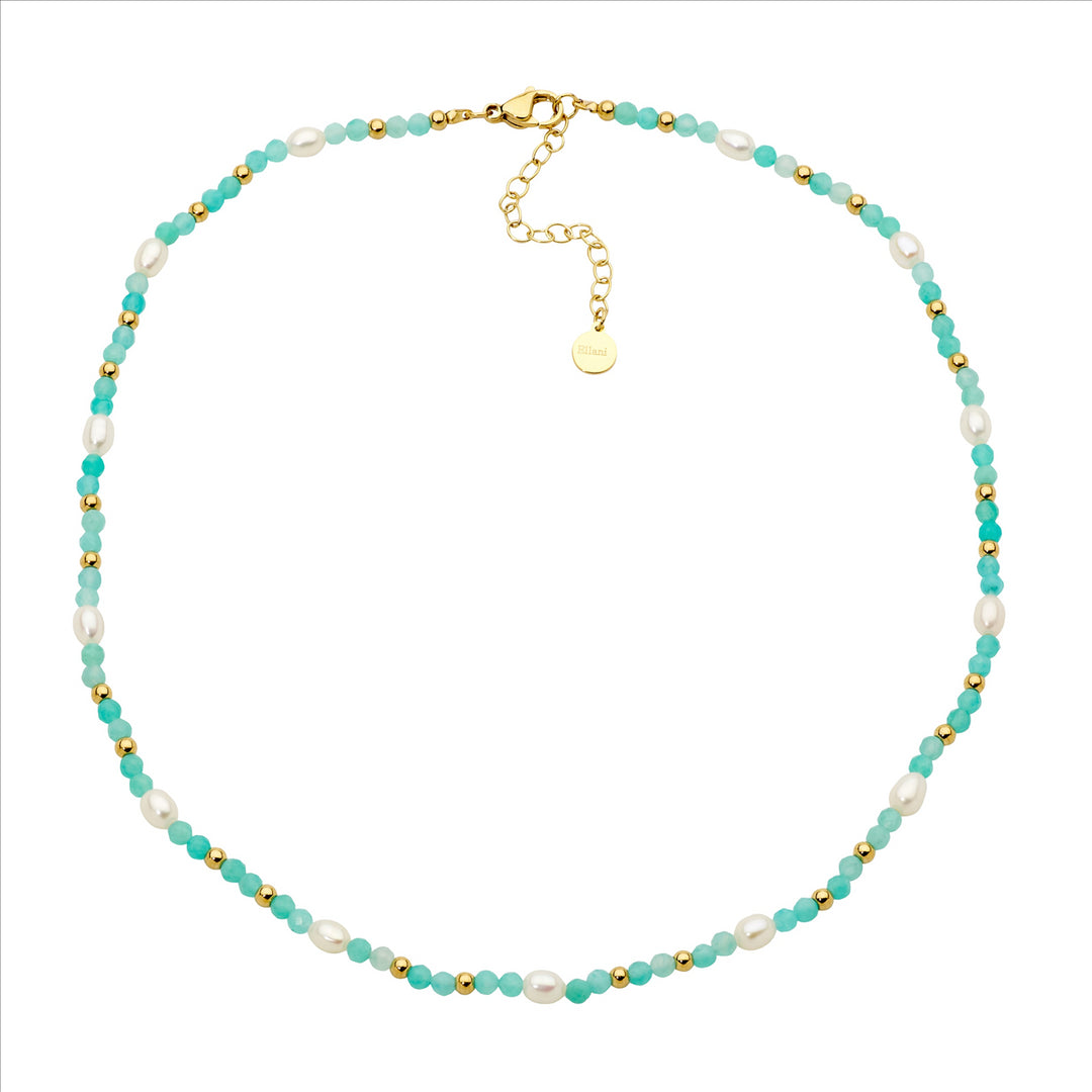 Stainless Steel Amazonite & Freshwater Pearl 40cm Necklace w/Gold IP Plating
