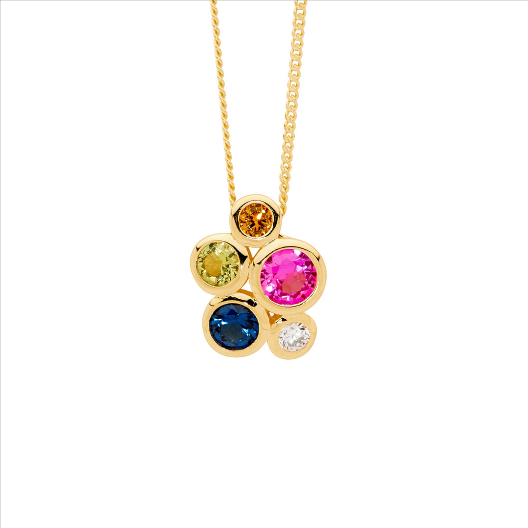 SS bezel set multi colour cz cluster pendant w/gold plating