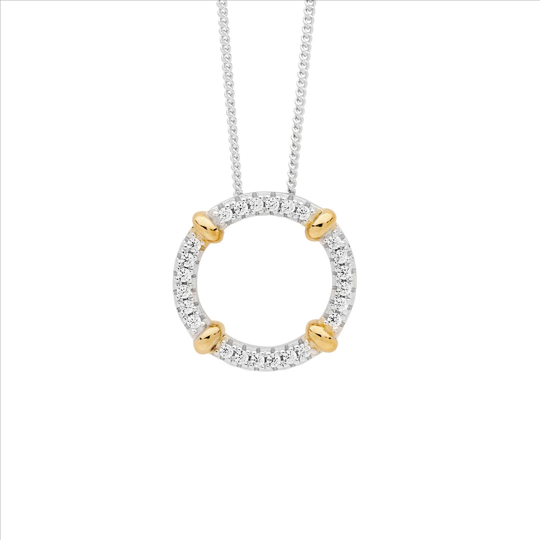 SS 16mm wh cz circle pendant w/ 4x gold plated bands