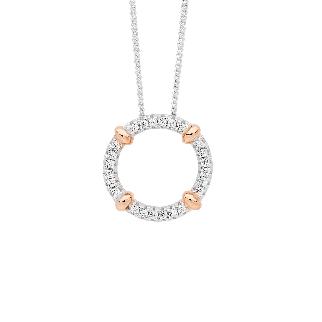 SS 16mm wh cz circle pendant w/ 4x rose gold plated bands