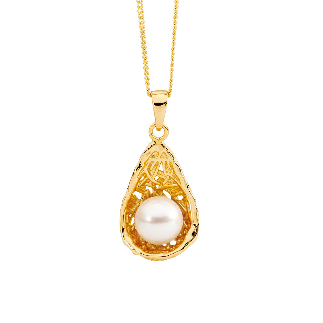 SS freshwater pearl in weave basket pendant w/gold plating
