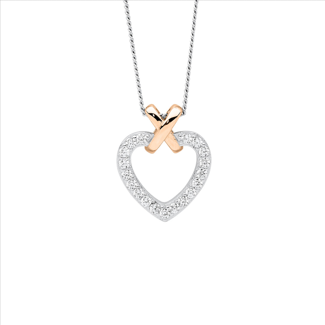 SS wh cz heart w/rose gold plated x pendant