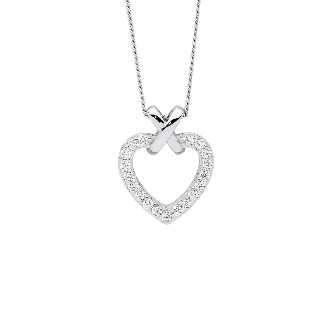 SS wh cz heart w/plain silver x pendant