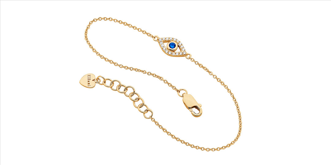 SS WH & Blue CZ Bezel Set Evil Eye Bracelet w/Gold Plating