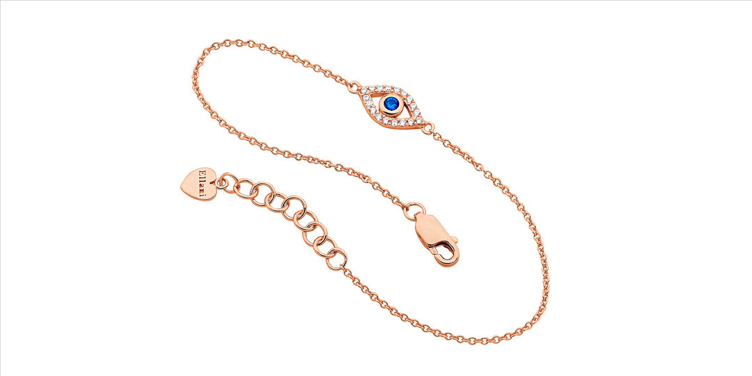 SS WH & Blue CZ Bezel Set Evil Eye Bracelet w/Rose Gold Plating