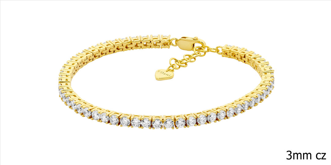 SS WH CZ 3mm Tennis Bracelet w/ext Chain & Gold Plating