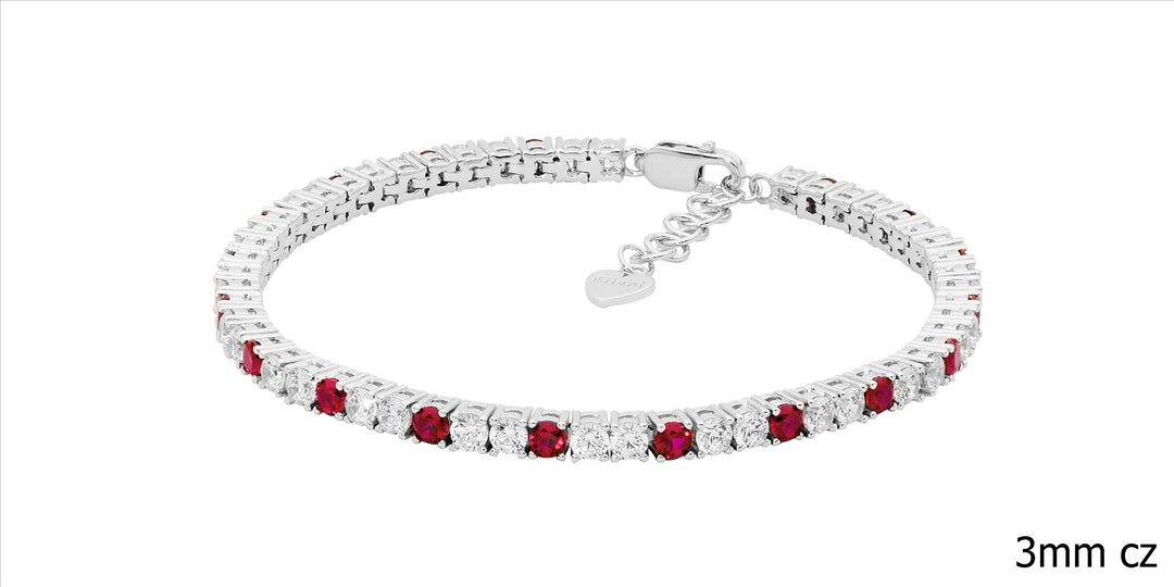 SS Red & WH 3mm CZ Tennis Bracelet w/ext Chain