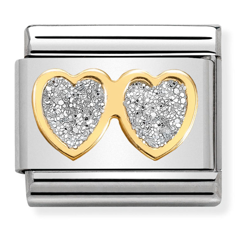 SYMBOL GLITTER in st/steel, glitter enamel & 18ct gold (Double Heart Glitter)