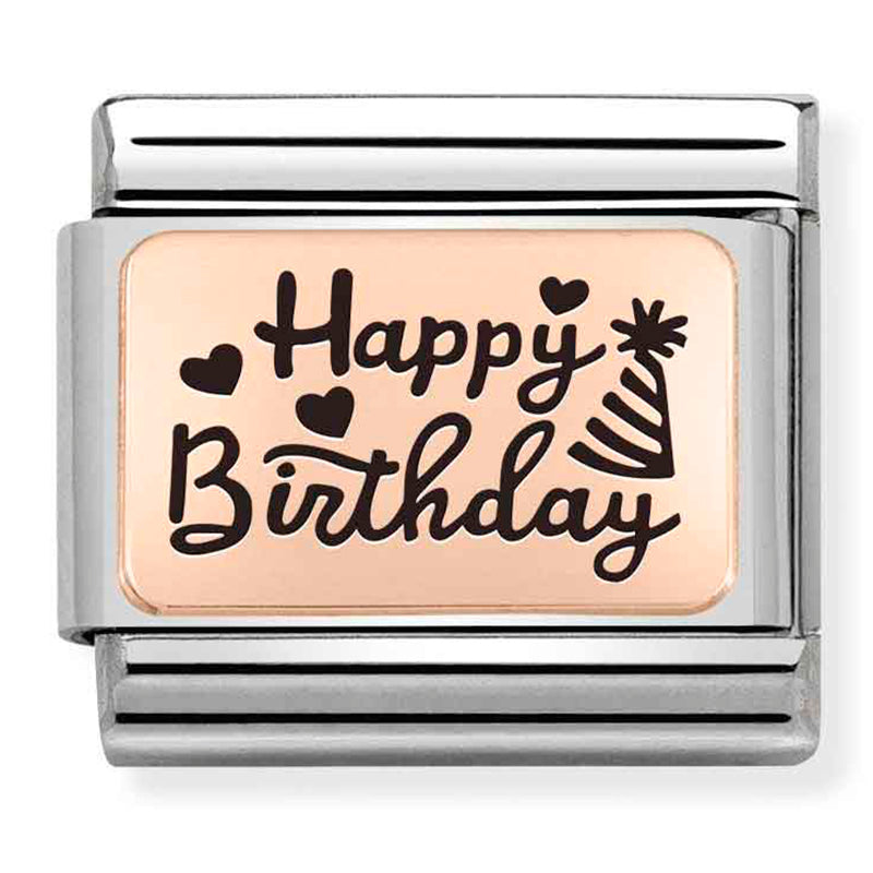 NOM-430111 11 COMP Classic PLATES st/steel & 9ct rose gold (Happy Birthday)
