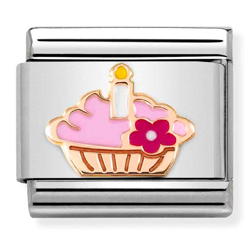 SYMBOLS st/steel, 9ct rose gold & enamel (Cupcake with Candle)