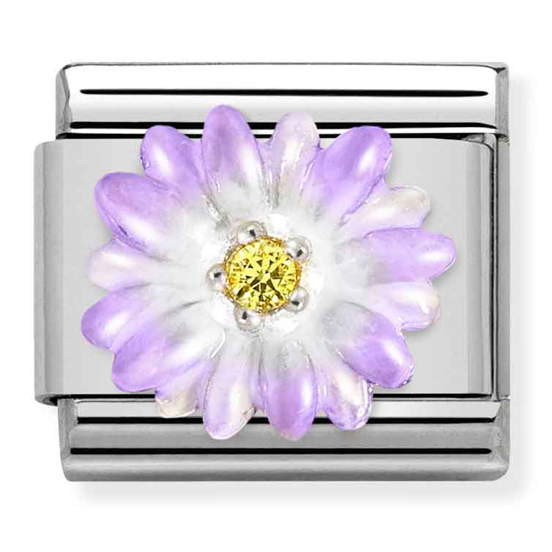 NOM-330321 03 COMP Classic SYMBOLS stainless steel, enamel, CZ and 925 silver PURPLE flower
