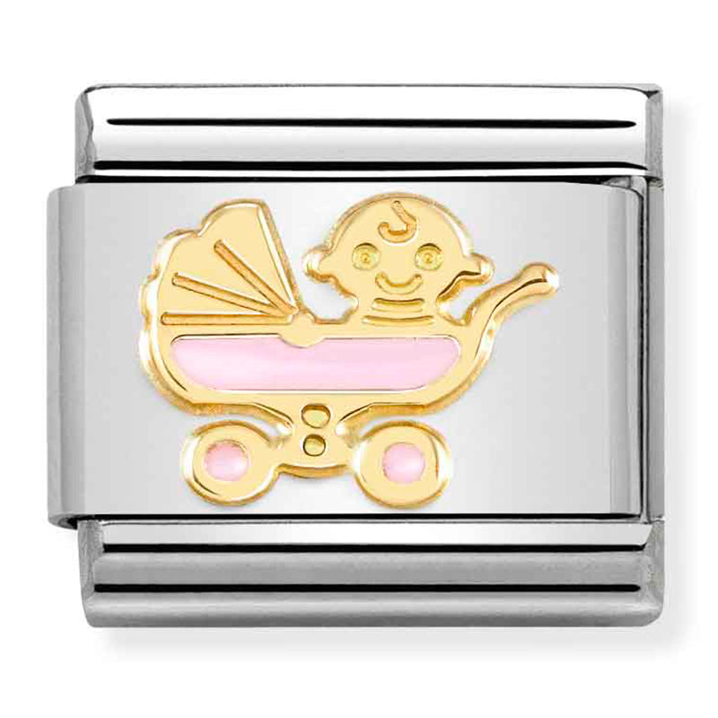 SYMBOLS st/steel,18ct gold & enamel (Pink baby pram)