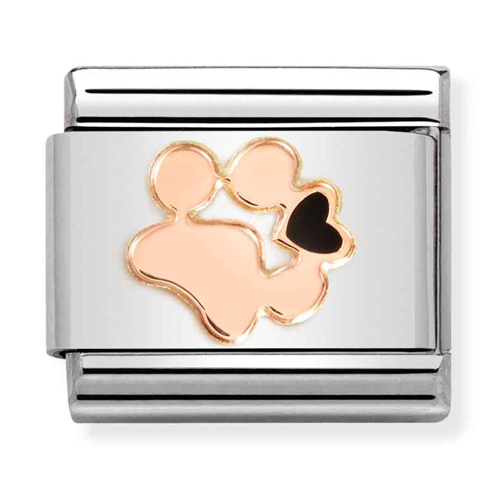 NOM-430202 18 COMP Classic SYMBOLS st/steel, 9ct rose gold & enamel (Paw Print with Black Heart)