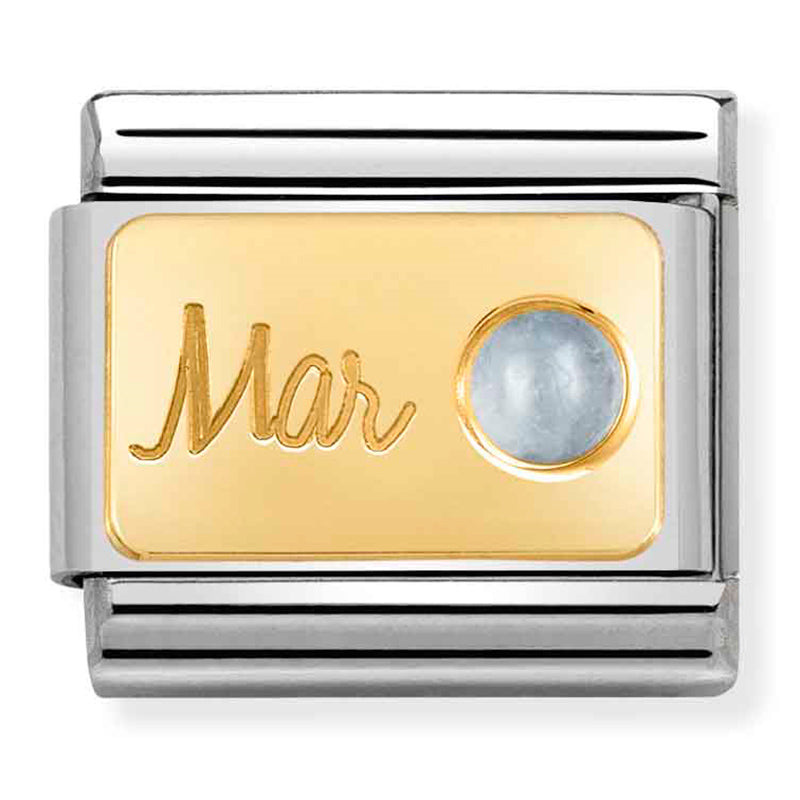 NOM-030519 03 COMP Classic MONTH STONE in steel, stones and 750 gold (March AQUAMARINE)