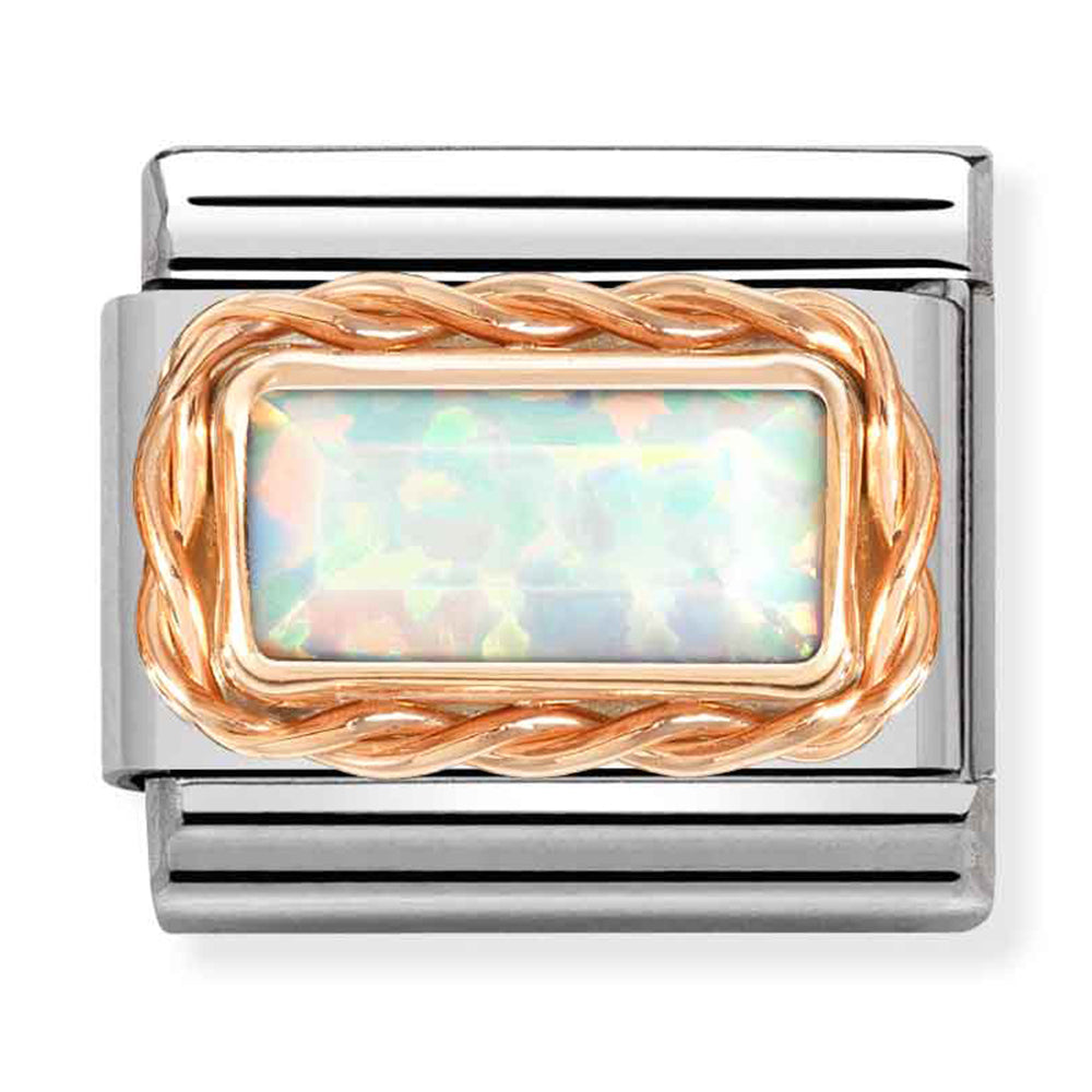 NOM-430512 07 COMP Classic BAGUETTE STONE WITH RICH SETTING st/steel & 9ct rose gold (WHITE OPAL)