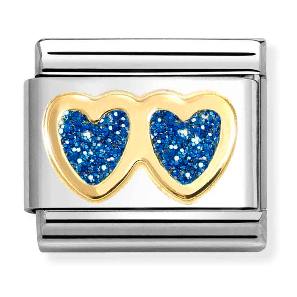 NOM-030220 11 COMP Classic SYMBOL GLITTER in st/steel, glitter enamel & 18ct gold (Glitter Double Blue Heart)