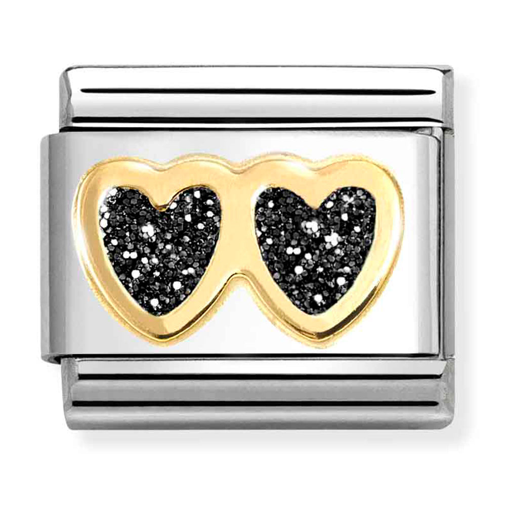 NOM-030220 14 COMP Classic SYMBOL GLITTER in st/steel, glitter enamel & 18ct gold (Glitter Double Black Heart)