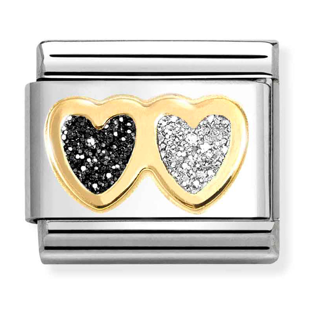NOM-030220 15 COMP Classic SYMBOL GLITTER in st/steel, glitter enamel & 18ct gold (Glitter Double Heart Black & Silver)
