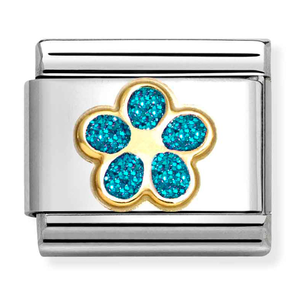 NOM-030220 16 COMP Classic SYMBOL GLITTER in st/steel, glitter enamel & 18ct gold (Glitter Turquoise Flower)