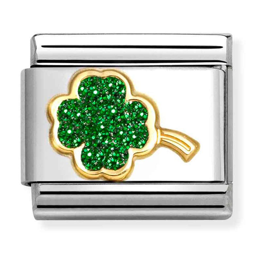 NOM-030220 18 COMP Classic SYMBOL GLITTER in st/steel, glitter enamel & 18ct gold (Glitter Green Four-leaf Clover)