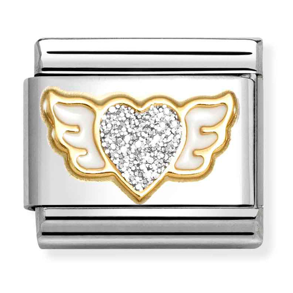 NOM-030220 23 COMP Classic SYMBOL GLITTER in st/steel, glitter enamel & 18ct gold (Glitter Silver Winged Heart)