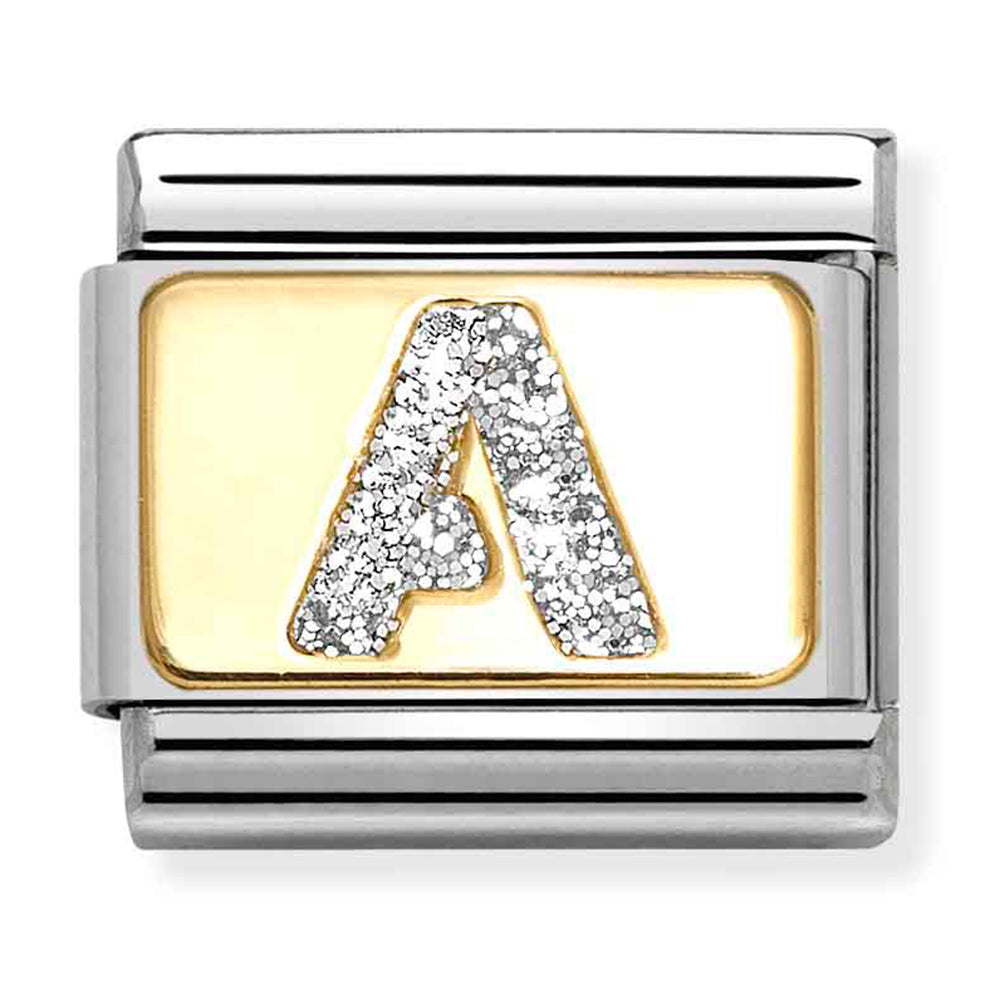 NOM 030291 01 COMP Classic GLITTER ALPHABET st/steel, glitter enamel & 18ct gold (Letter A)