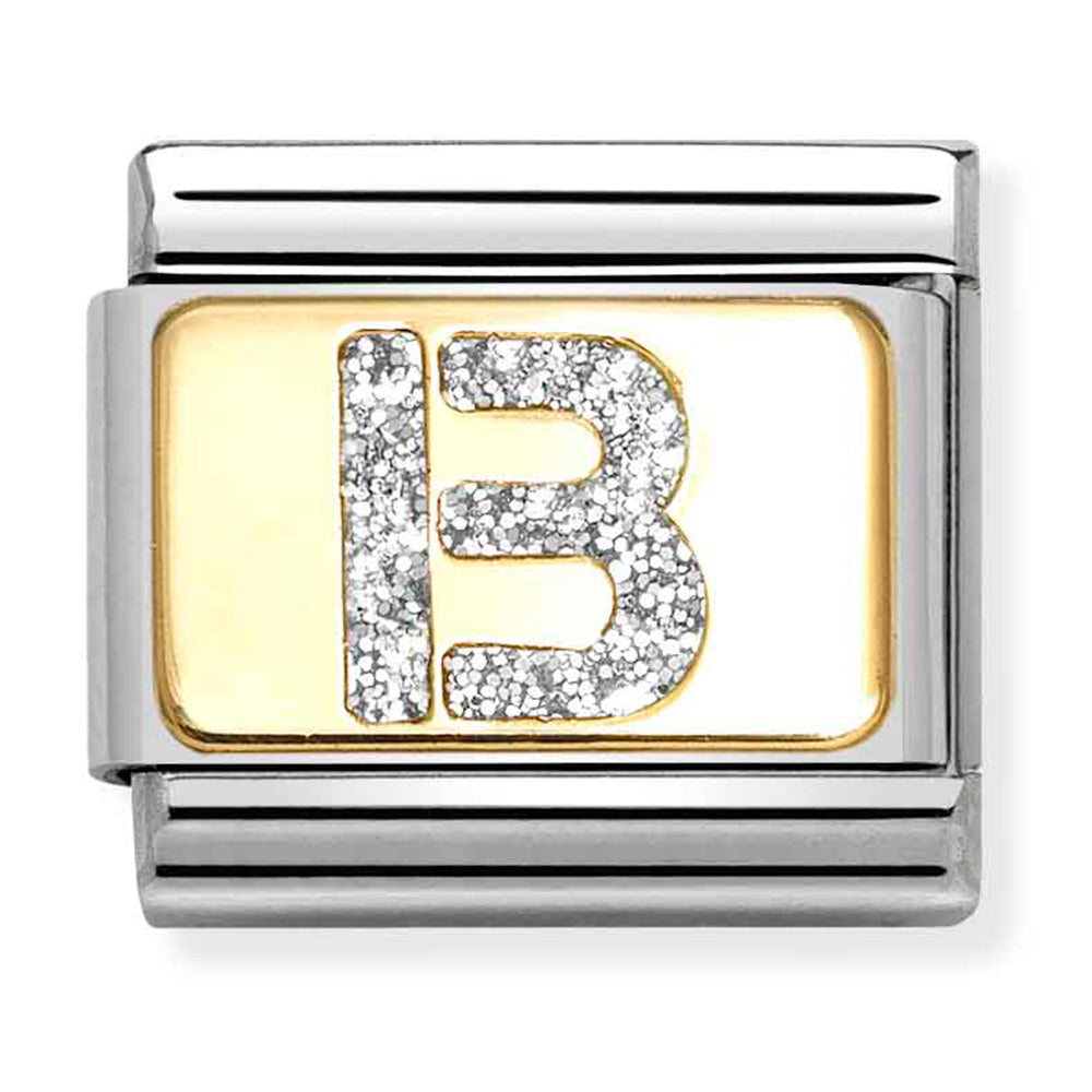 NOM 030291 02 COMP Classic GLITTER ALPHABET st/steel, glitter enamel & 18ct gold (Letter B)