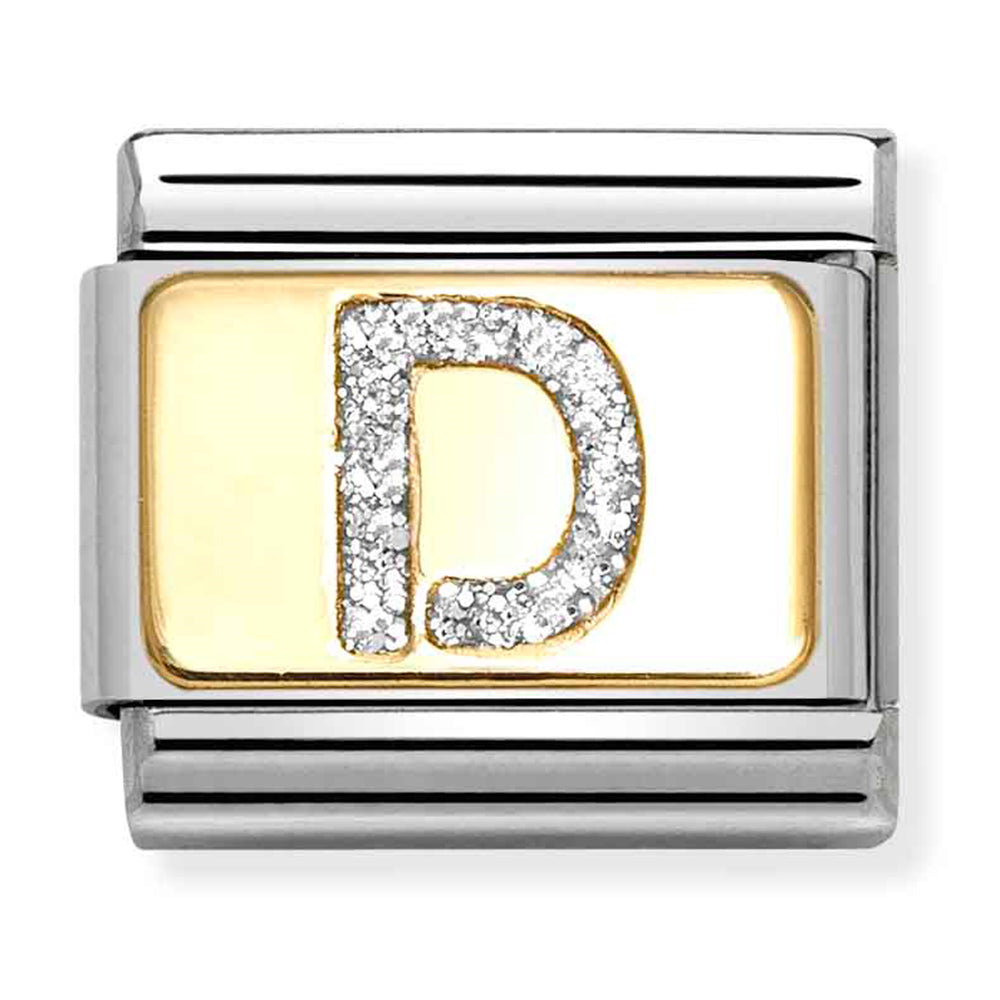 NOM 030291 04 COMP Classic GLITTER ALPHABET st/steel, glitter enamel & 18ct gold (Letter D)