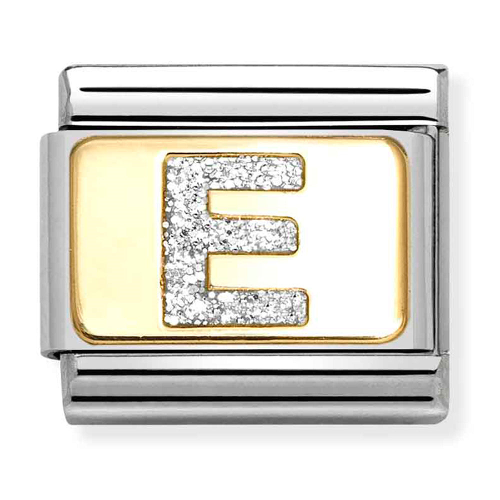NOM 030291 05 COMP Classic GLITTER ALPHABET st/steel, glitter enamel & 18ct gold (Letter E)