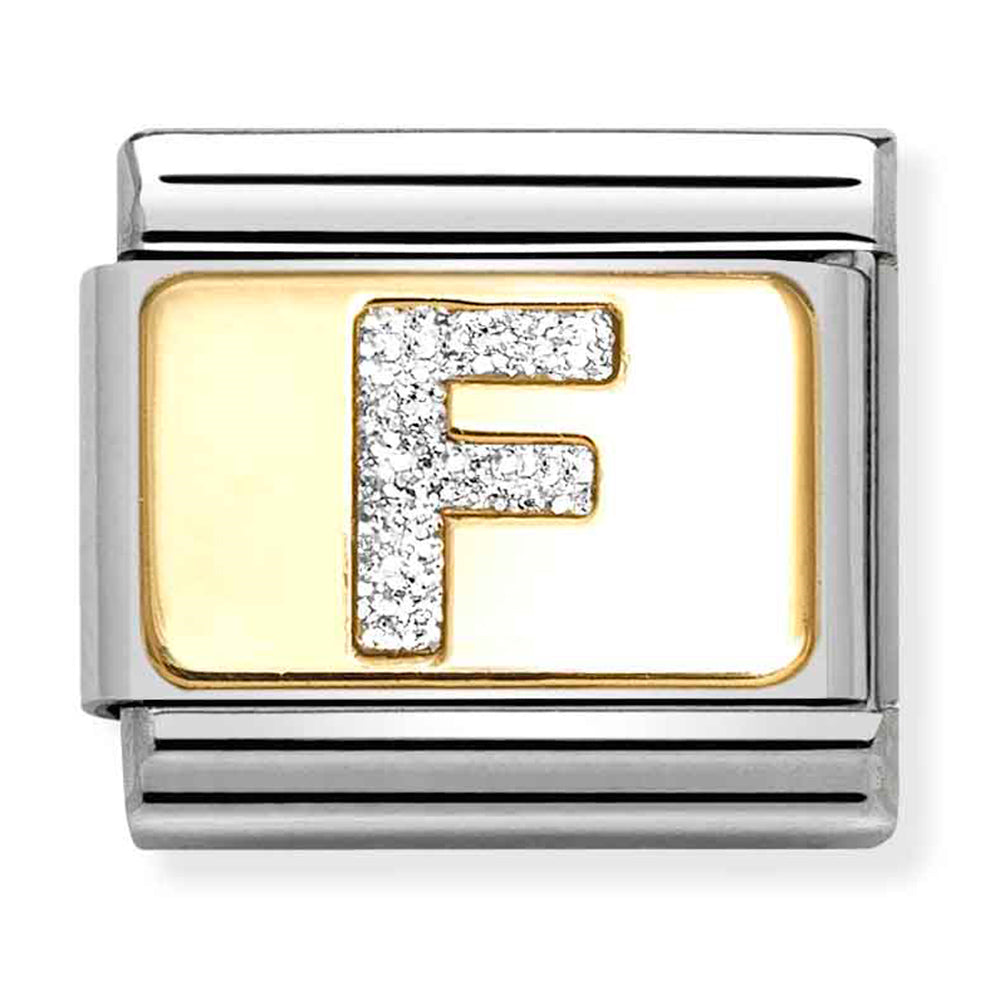 NOM 030291 06 COMP Classic GLITTER ALPHABET st/steel, glitter enamel & 18ct gold (Letter F)