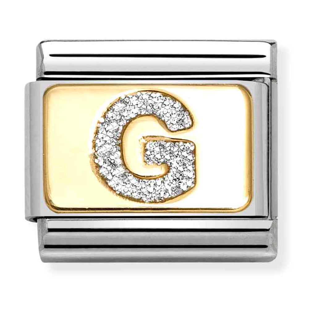 NOM 030291 07 COMP Classic GLITTER ALPHABET st/steel, glitter enamel & 18ct gold (Letter G)