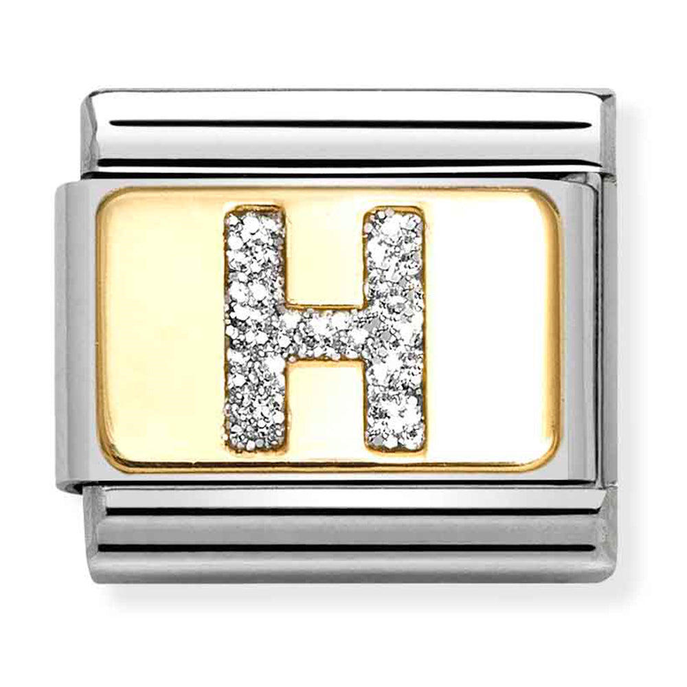 NOM 030291 08 COMP Classic GLITTER ALPHABET st/steel, glitter enamel & 18ct gold (Letter H)