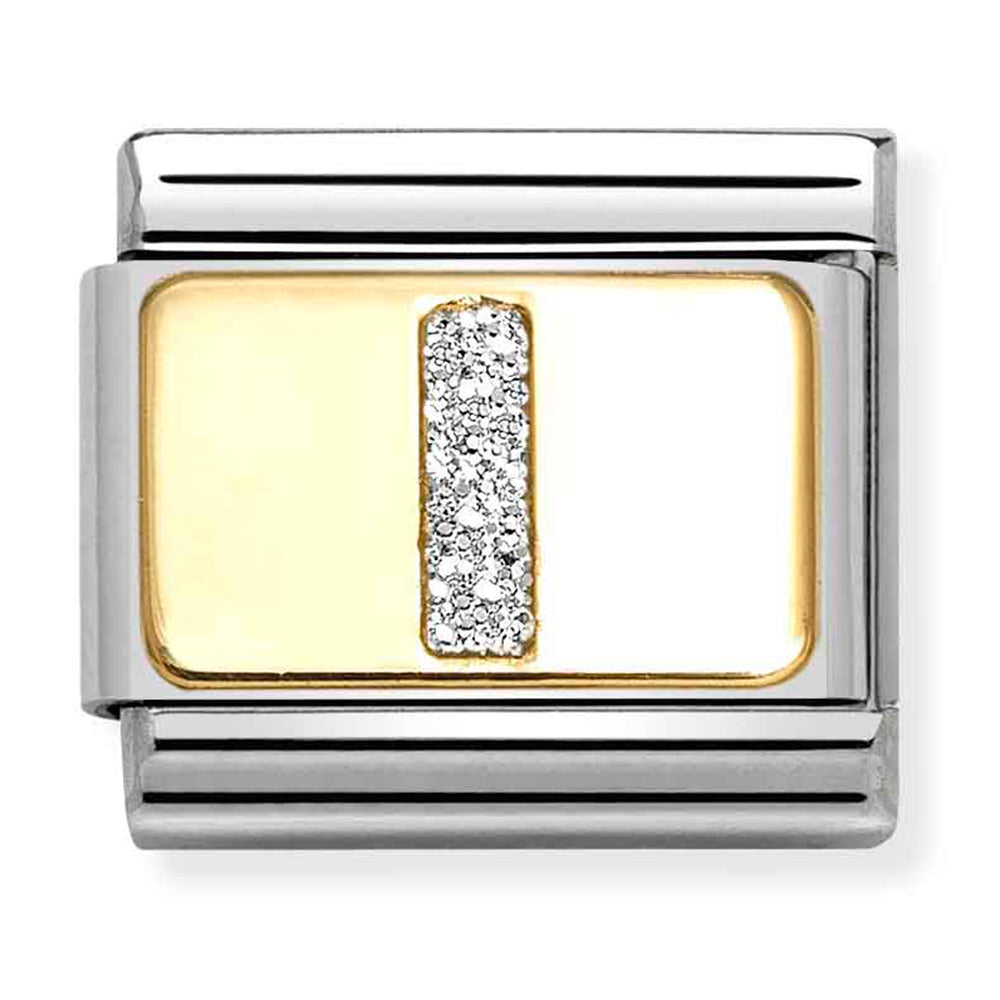 NOM 030291 09 COMP Classic GLITTER ALPHABET st/steel, glitter enamel & 18ct gold (Letter I)