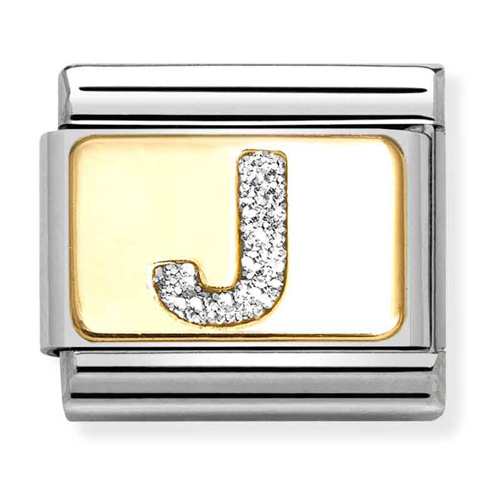 NOM 030291 10 COMP Classic GLITTER ALPHABET st/steel, glitter enamel & 18ct gold (Letter J)