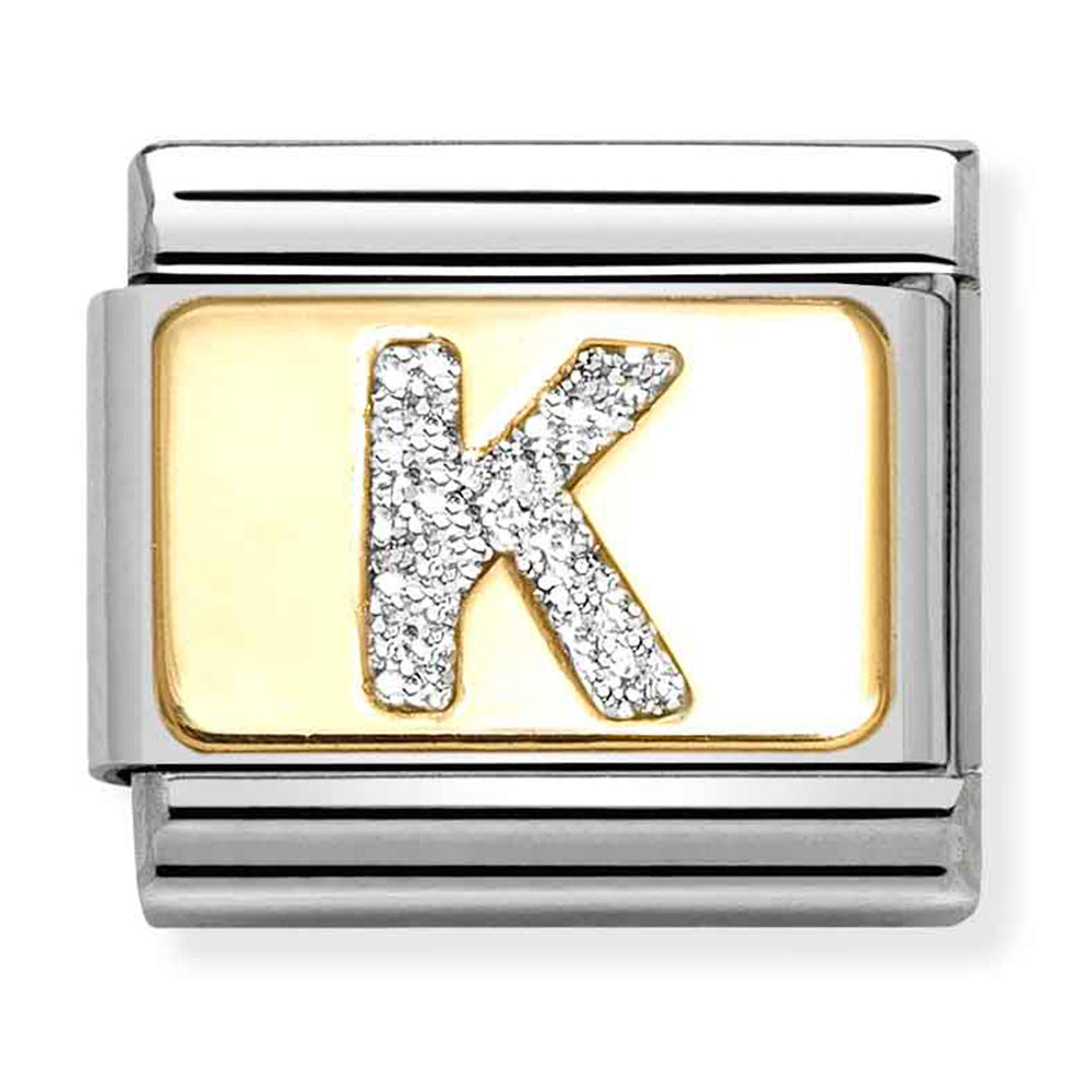 NOM 030291 11 COMP Classic GLITTER ALPHABET st/steel, glitter enamel & 18ct gold (Letter K)