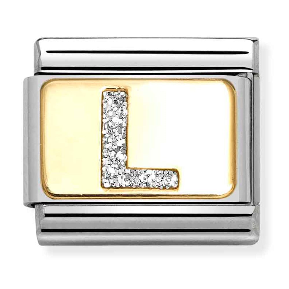 NOM 030291 12 COMP Classic GLITTER ALPHABET st/steel, glitter enamel & 18ct gold (Letter L)