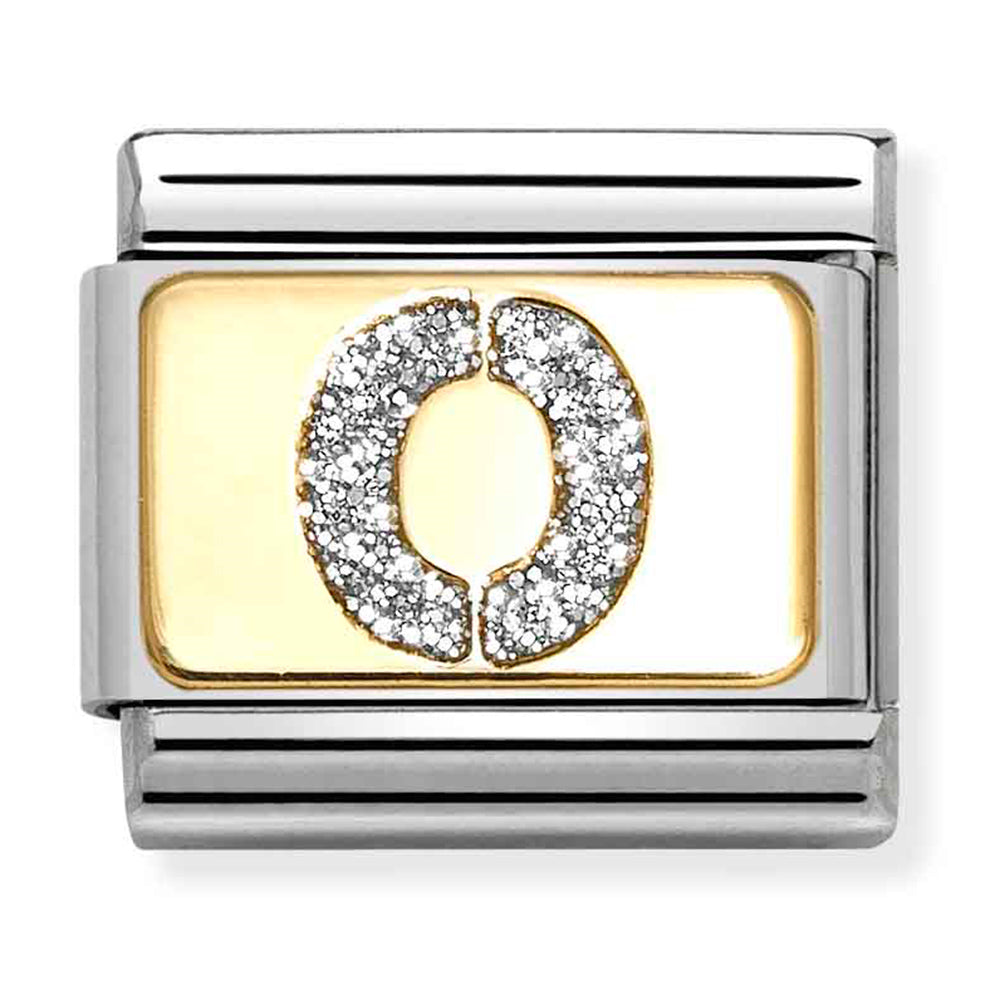NOM 030291 15 COMP Classic GLITTER ALPHABET st/steel, glitter enamel & 18ct gold (Letter O)