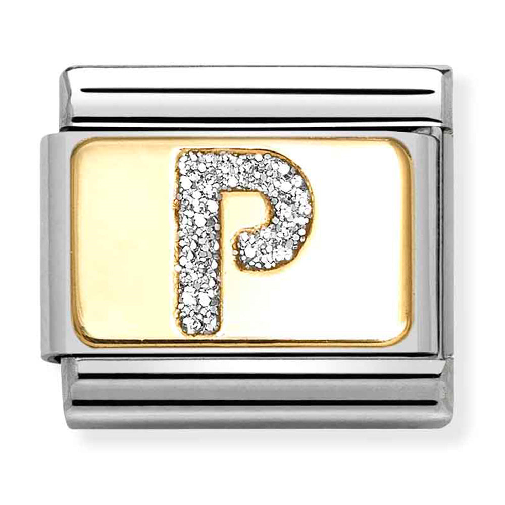NOM 030291 16 COMP Classic GLITTER ALPHABET st/steel, glitter enamel & 18ct gold (Letter P) (03029116)