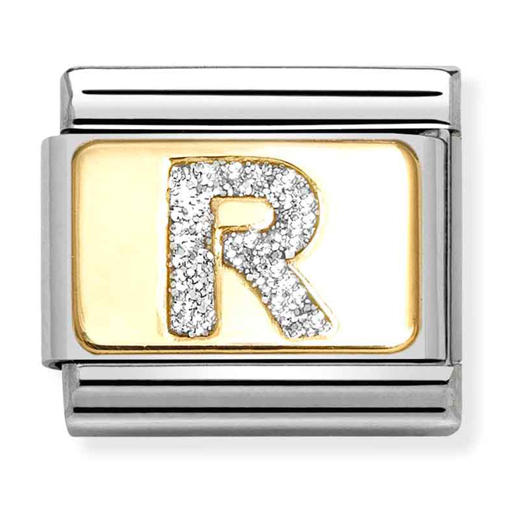 NOM 030291 18 COMP Classic GLITTER ALPHABET st/steel, glitter enamel & 18ct gold (Letter R)
